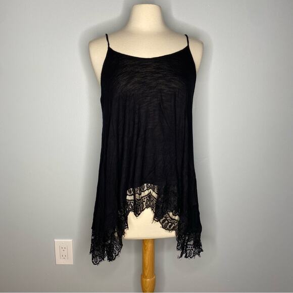 Black Lightweight Tank Top Lace Detail High Low Sides K2 - Picture 1 of 6